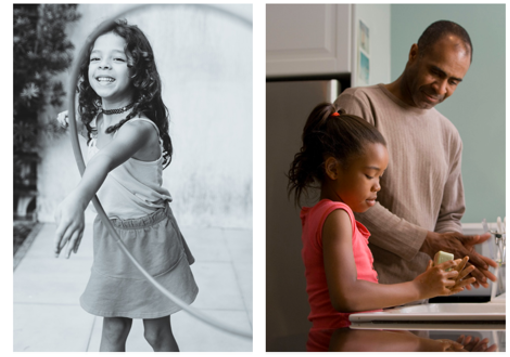 On the left, black and white photo of a schoolgirl playing with a hula hoop; on the right, an adult showing a child how to wash her hands