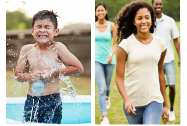 On the left, a schoolboy splashing in water; on the right, a smiling young woman walking